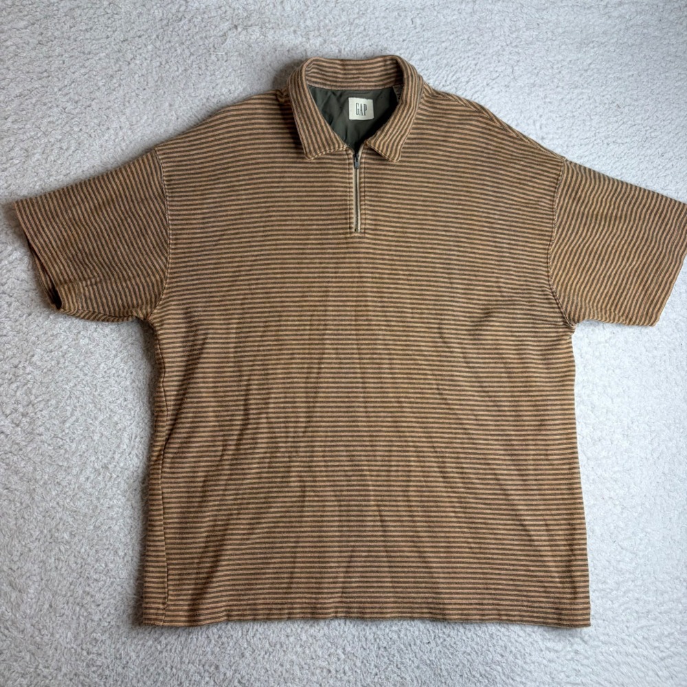 Vintage Gap Mens Large Brown Striped Quarter Zip Short Sleeve Polo Shirt Cotton